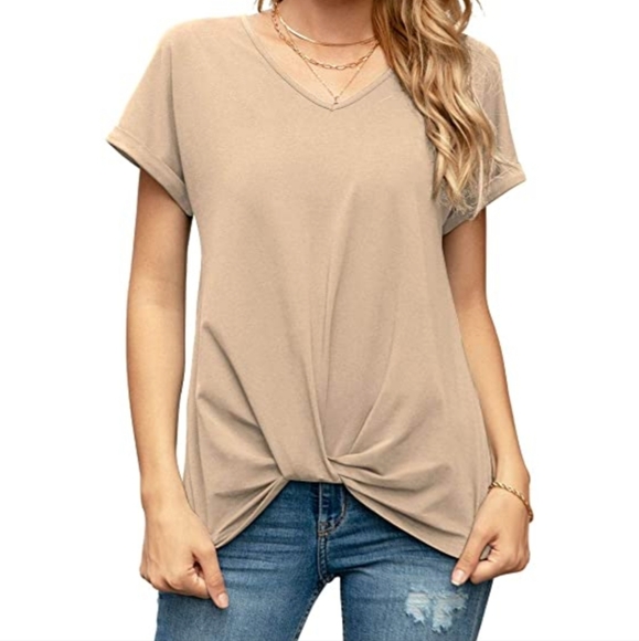 Iandroiy Women's Comfy Casual Summer Tops Short Sleeve V Neck Blouses T Shirts - Picture 4 of 6